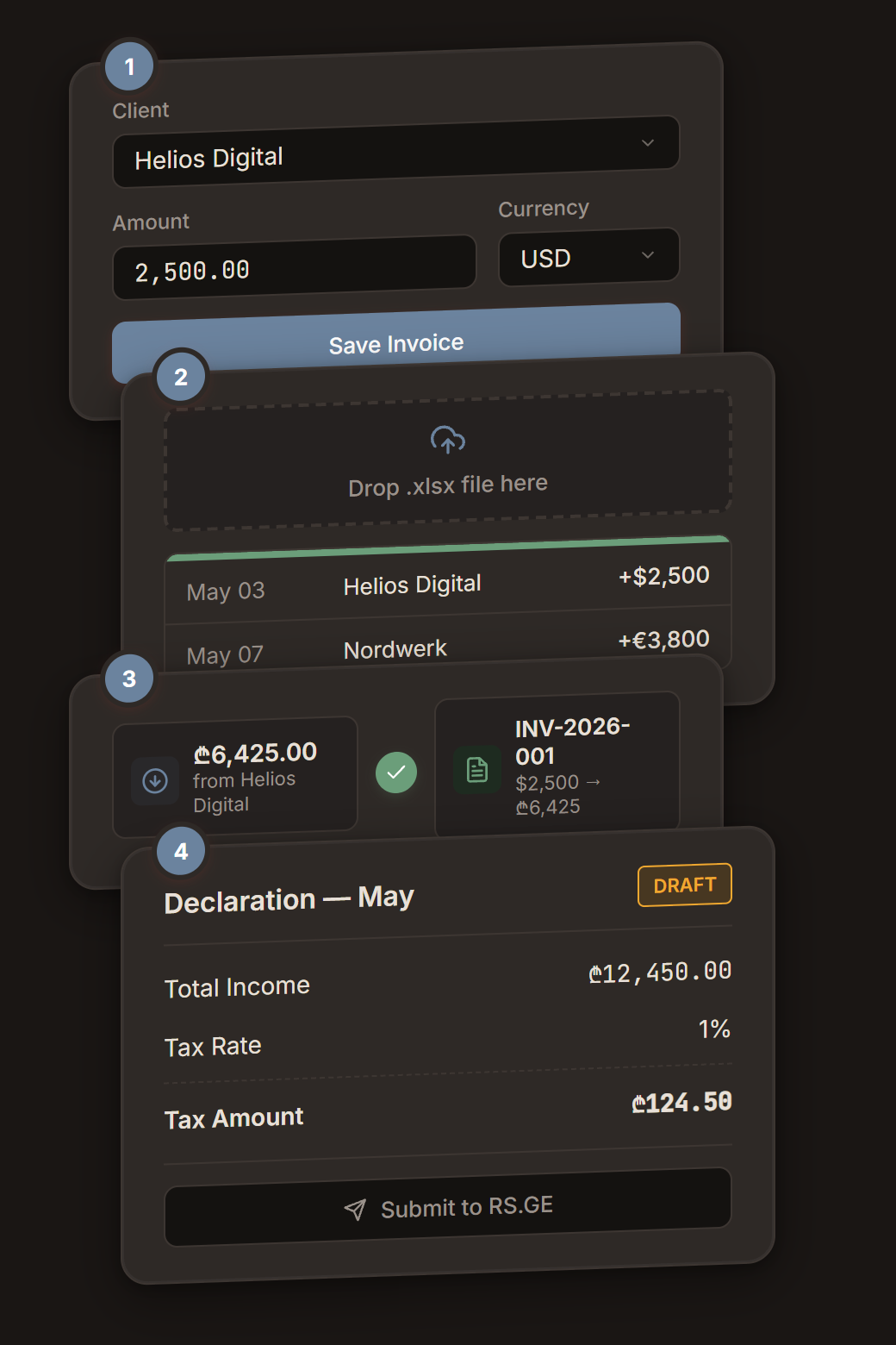 Klarti — 4 steps: Create, Import, Match, File